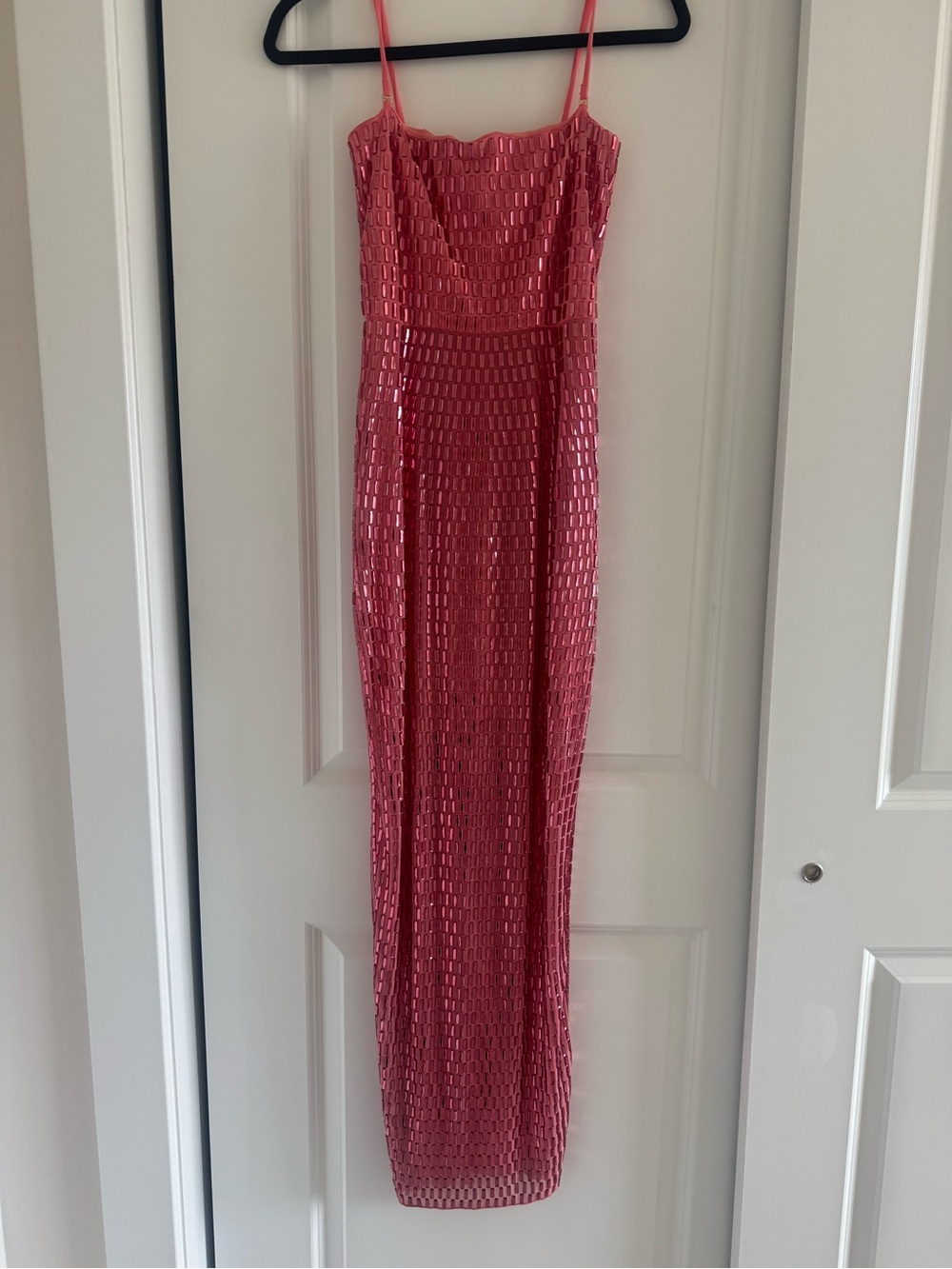 Oh Polly Embellished Strapless Bandeau Maxi Dress in Watermelon